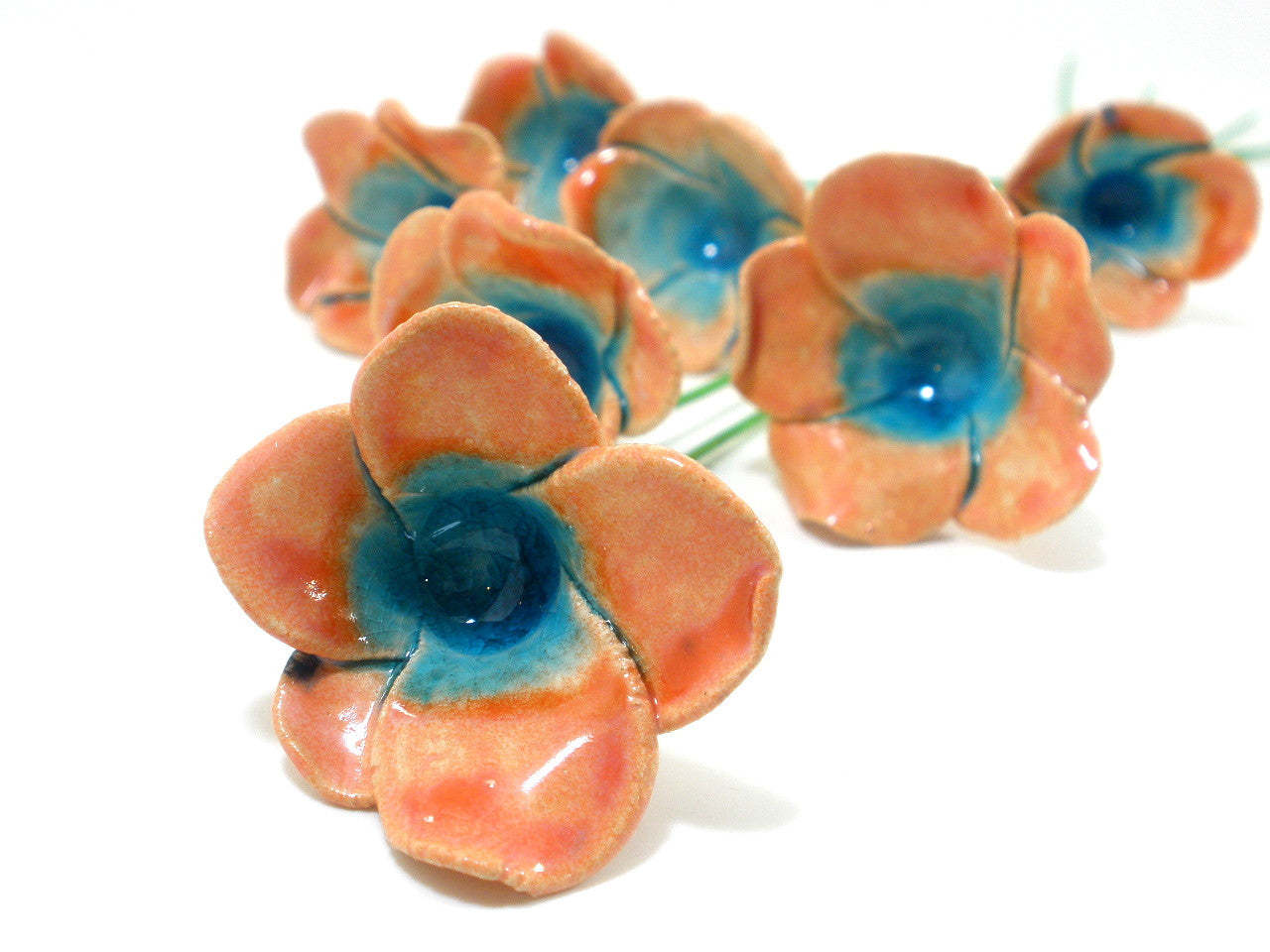 Tangerine and turquoise ceramic flowers