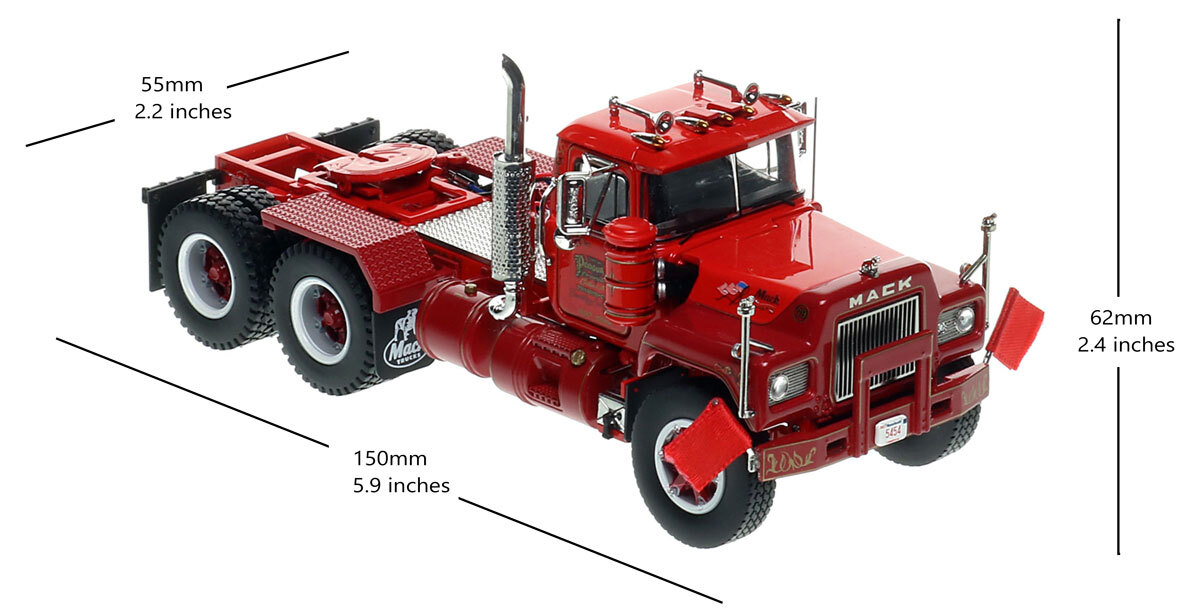 Dimensions of Display case for 1:50 scale model of Podgurski Corporation 1979 Mack R686SX tandem axle tractor