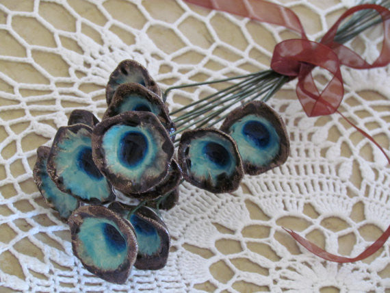 Ceramic flowers bouquet in brown and turquoise