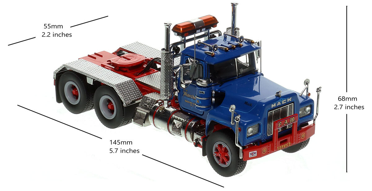 Dimensions of 1:50 scale model of  F.A. Marchello 1985 Mack R688ST tandem axle tractor