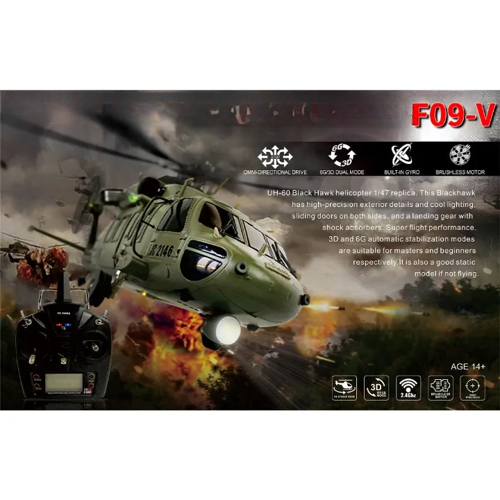 F09-V Blackhawk RC Helicopter 1/47 Scale 2.4G 6CH Dual Brushless Direct Drive Flybarless 6G/3D Stunt Model
