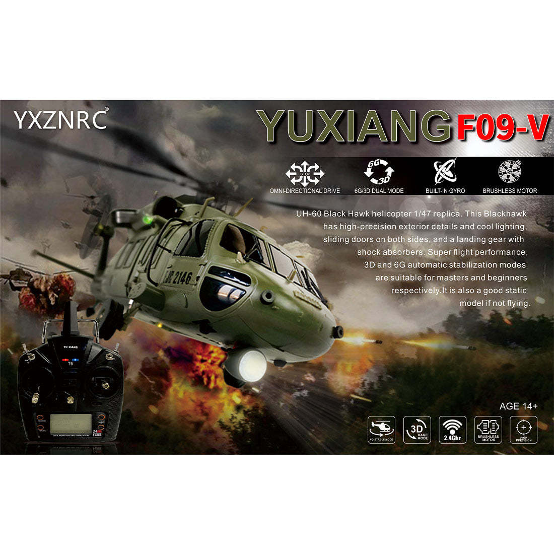  F09-V Blackhawk RC Helicopter 1/47 Scale 2.4G 6CH Dual Brushless Direct Drive Flybarless 6G/3D Stunt Model