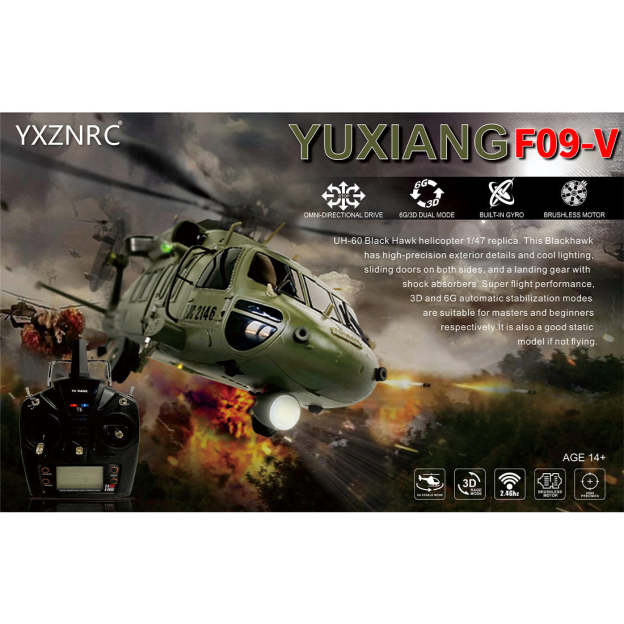  F09-V Blackhawk RC Helicopter 1/47 Scale 2.4G 6CH Dual Brushless Direct Drive Flybarless 6G/3D Stunt Model