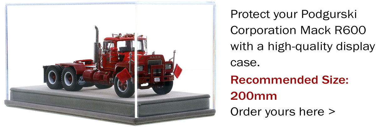 Display case for 1:50 scale model of Podgurski Corporation 1979 Mack R686SX tandem axle tractor