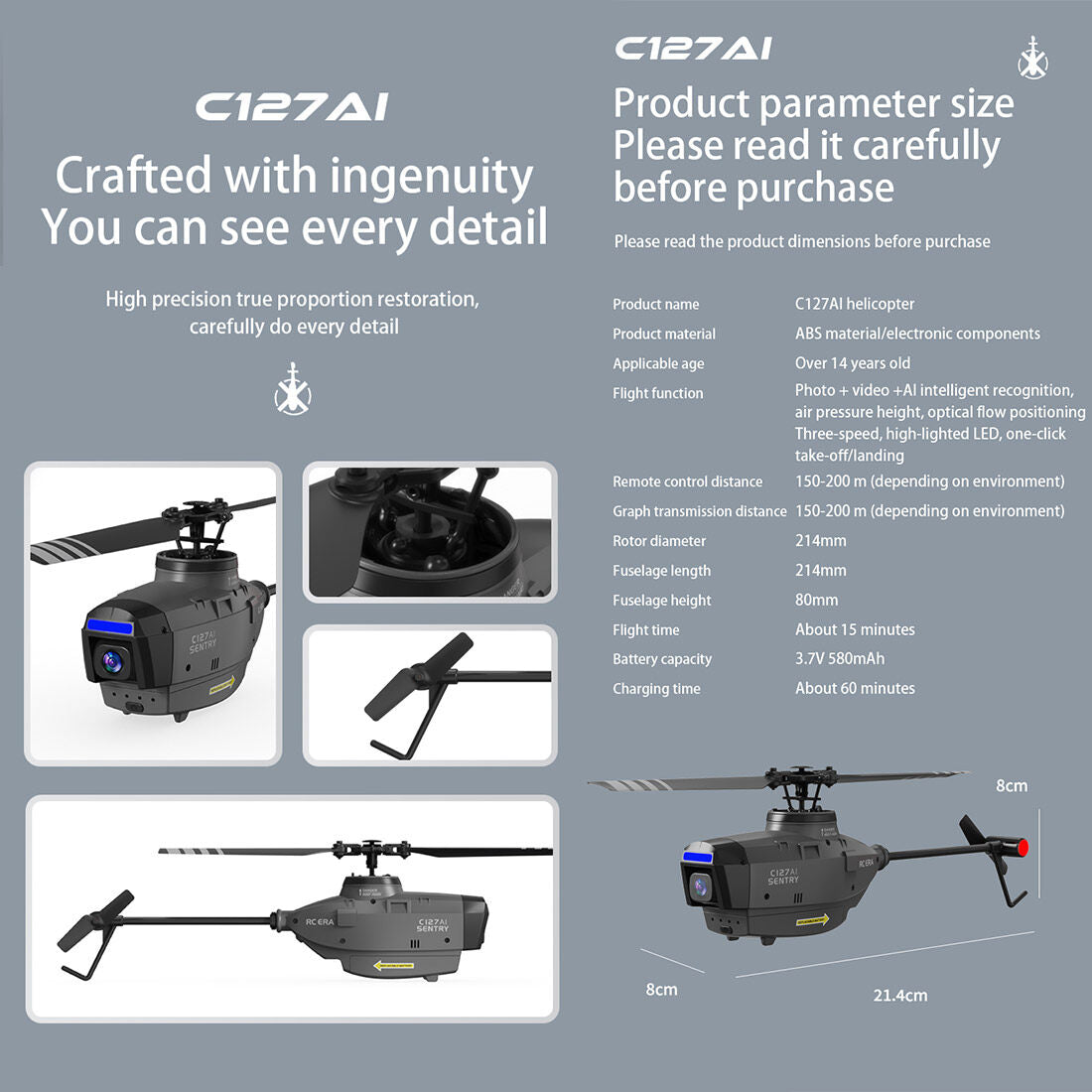 RC ERA C127AI Helicopter Scout Drone Model 2.4G 4CH Single-Rotor Brushless Model Without Aileron