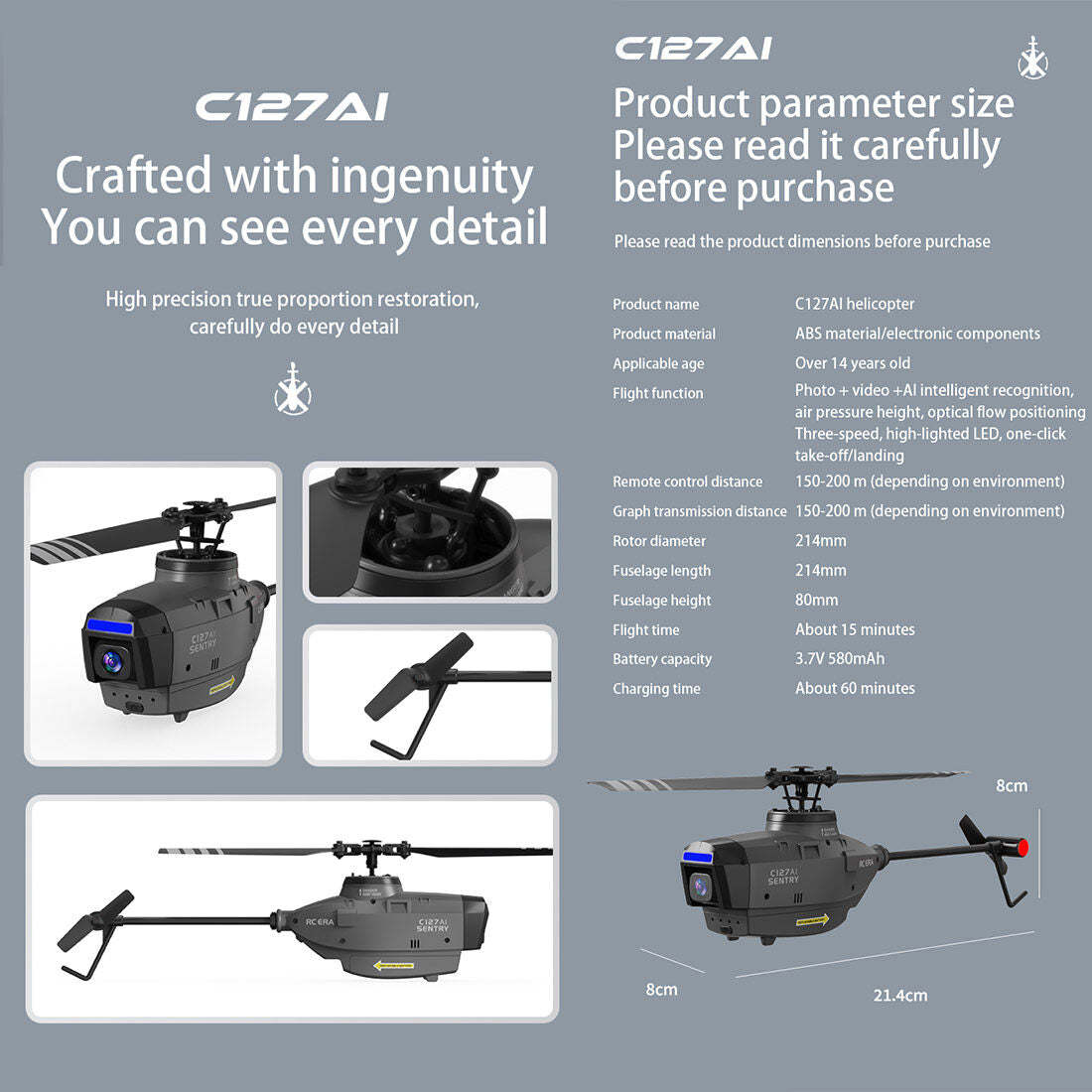 RC ERA C127AI Helicopter Scout Drone Model 2.4G 4CH Single-Rotor Brushless Model Without Aileron