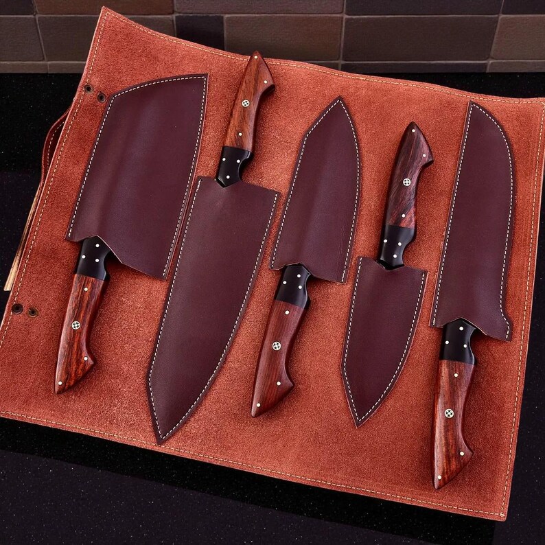 Damascus Chef Knife Set | Hand Forged Big Kitchen Knives | Rosewood Handle | New Year Gift
