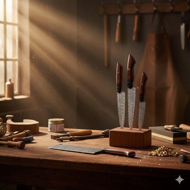 Damascus Chef Knife Set | Hand Forged Big Kitchen Knives | Rosewood Handle | New Year Gift