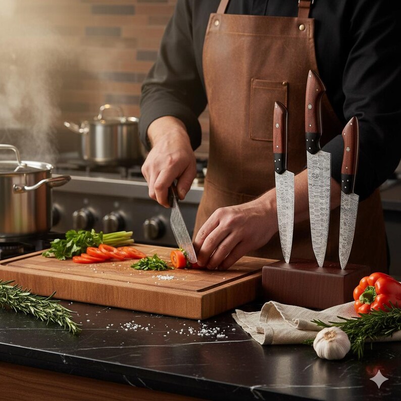 Damascus Chef Knife Set | Hand Forged Big Kitchen Knives | Rosewood Handle | New Year Gift