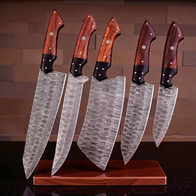 Damascus Chef Knife Set | Hand Forged Big Kitchen Knives | Rosewood Handle | New Year Gift
