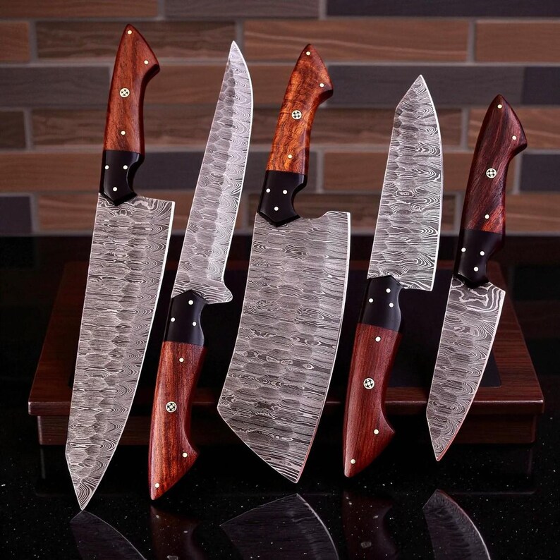 Damascus Chef Knife Set | Hand Forged Big Kitchen Knives | Rosewood Handle | New Year Gift