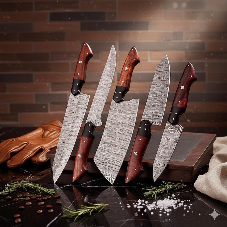Damascus Chef Knife Set | Hand Forged Big Kitchen Knives | Rosewood Handle | New Year Gift