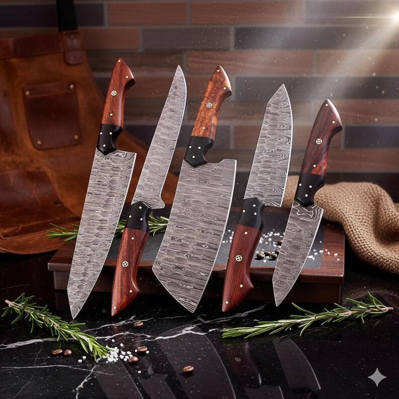 Damascus Chef Knife Set | Hand Forged Big Kitchen Knives | Rosewood Handle | New Year Gift