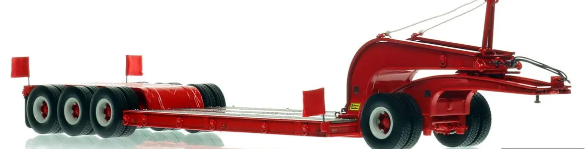1:50 scale model of 1960s Talbert 60-Ton Cableneck Lowbed with Single-Axle Dolly - Viper Red