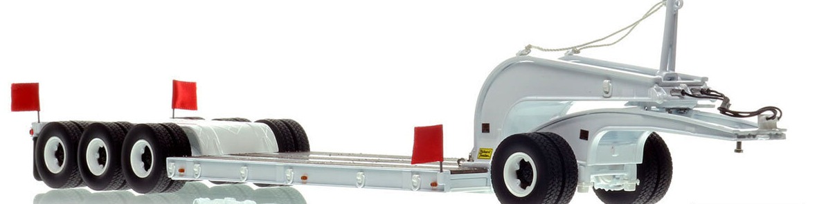 1:50 scale diecast model of 1960s Talbert 60-Ton Cableneck Lowbed with Single-Axle Dolly - White 9003