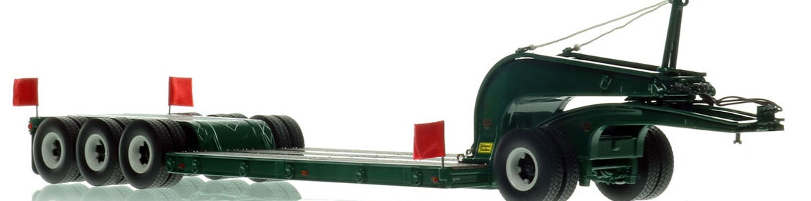 1:50 scale diecast model of  1960s Talbert 60-Ton Cableneck Lowbed with Single-Axle Dolly - Green 6005