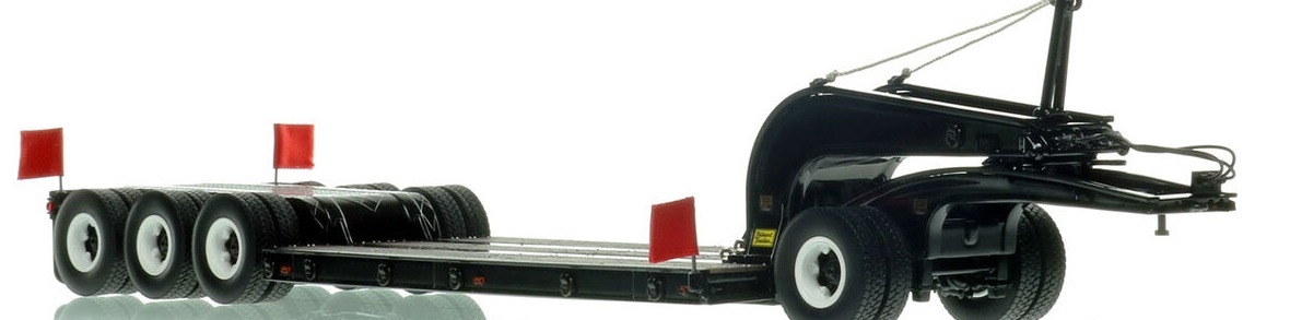 1:50 scale diecast model of 1960s Talbert 60-Ton Cableneck Lowbed with Single-Axle Dolly - Black