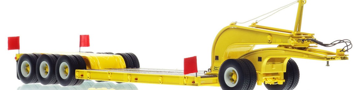1:50 scale diecast model of 1960s Talbert 60-Ton Cableneck Lowbed with Single-Axle Dolly - Yellow 1021