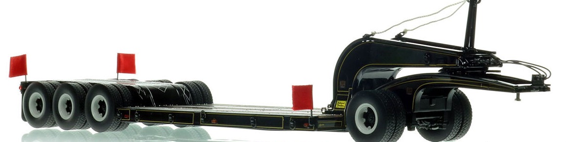 1:50 scale model of 1960s Talbert 60-Ton Cableneck Lowbed with Single-Axle Dolly - Black with Gold Pinstripes