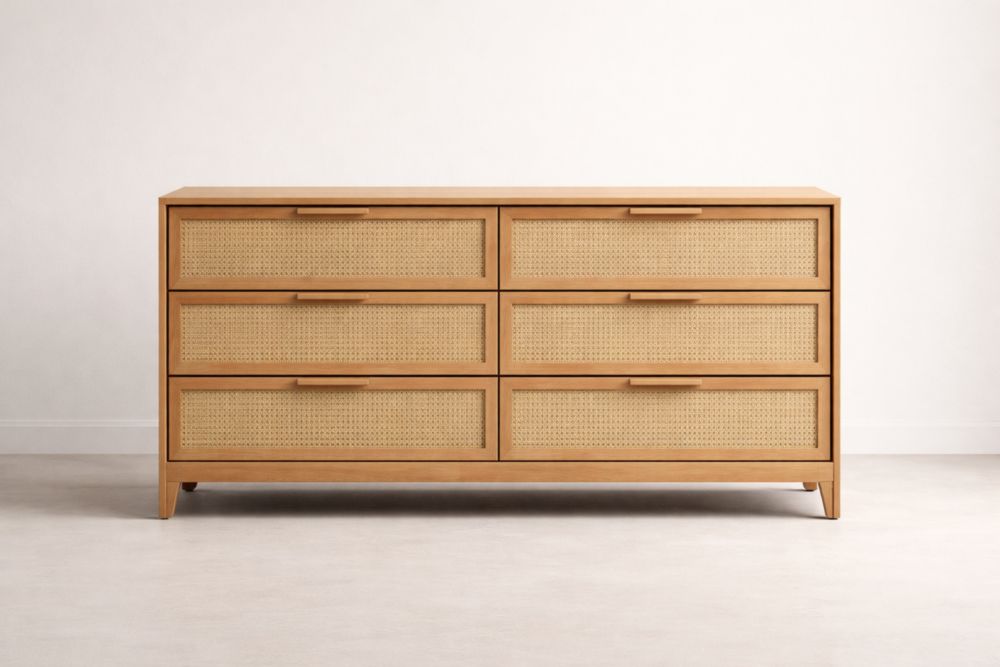 Commode en chêne et rotin à 6 tiroirs