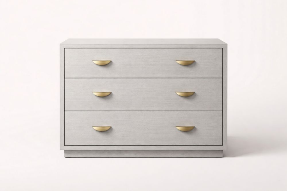 Commode en Bois Composite Gris avec Poignées Métalliques Dorées