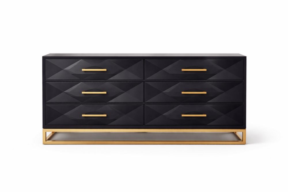 Commode en MDF noir avec poignées et cadre en laiton