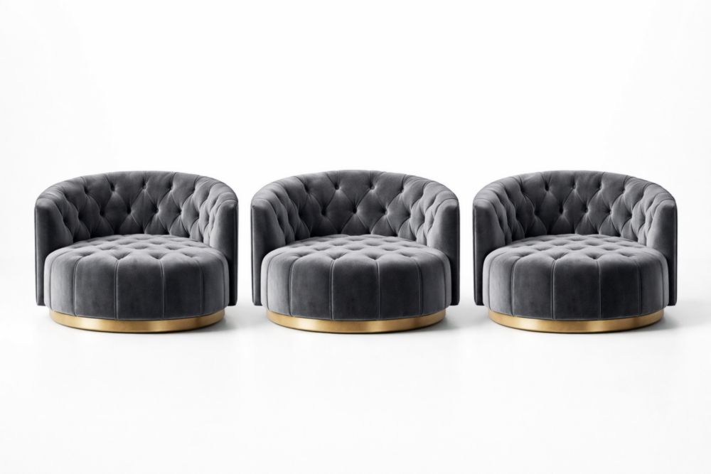 Fauteuil Rond en Velours Gris avec Base en Métal