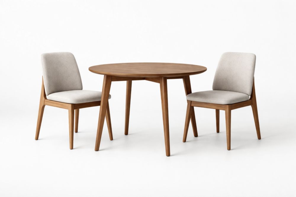 Table ronde en bois avec deux chaises en tissu