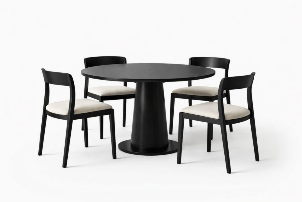 Table ronde noire avec 4 chaises en bois et tissu noir/beige