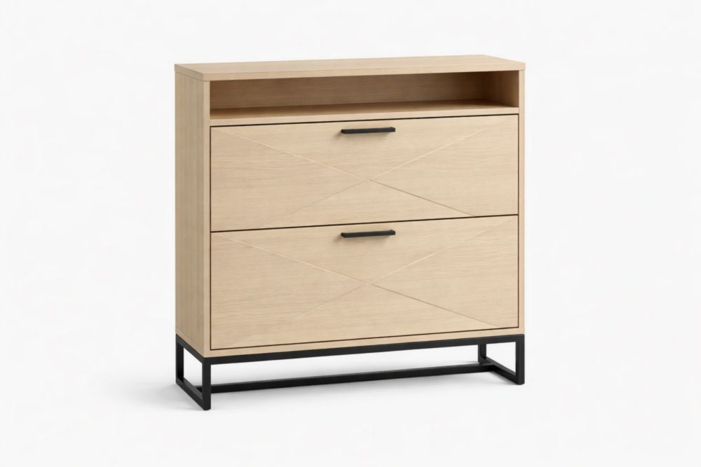 Commode en Bois et Métal à 2 Tiroirs avec Étagère Ouverte