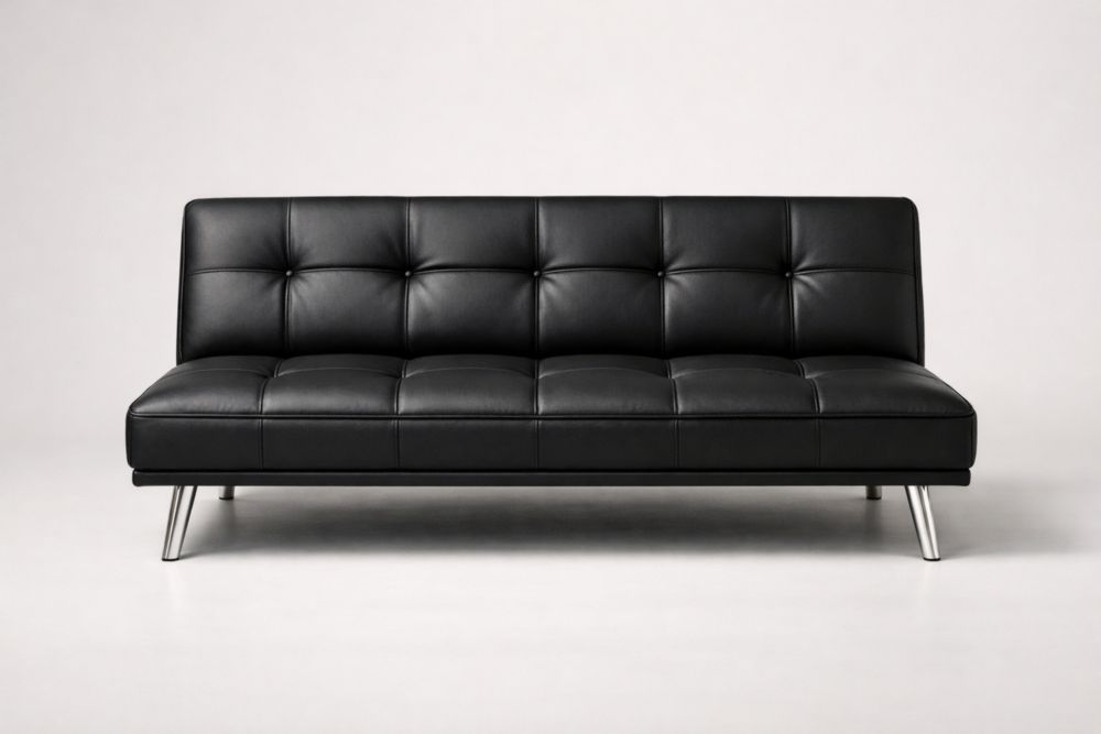 Canapé convertible en similicuir noir avec pieds en métal