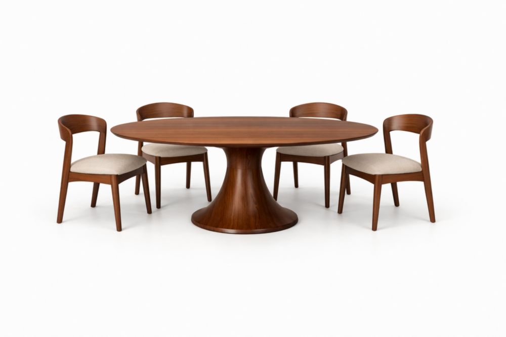 Ensemble table ovale en bois avec 4 chaises en tissu