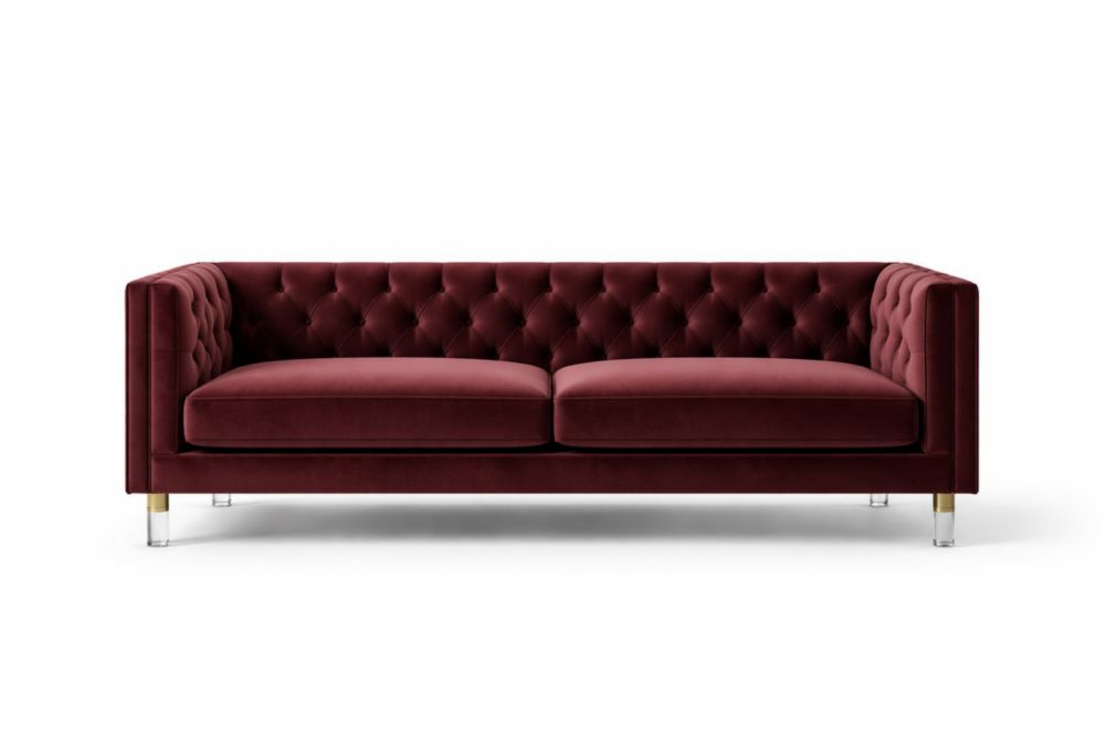 Canapé 3 places en velours rouge avec pieds métalliques dorés et transparents 200cm