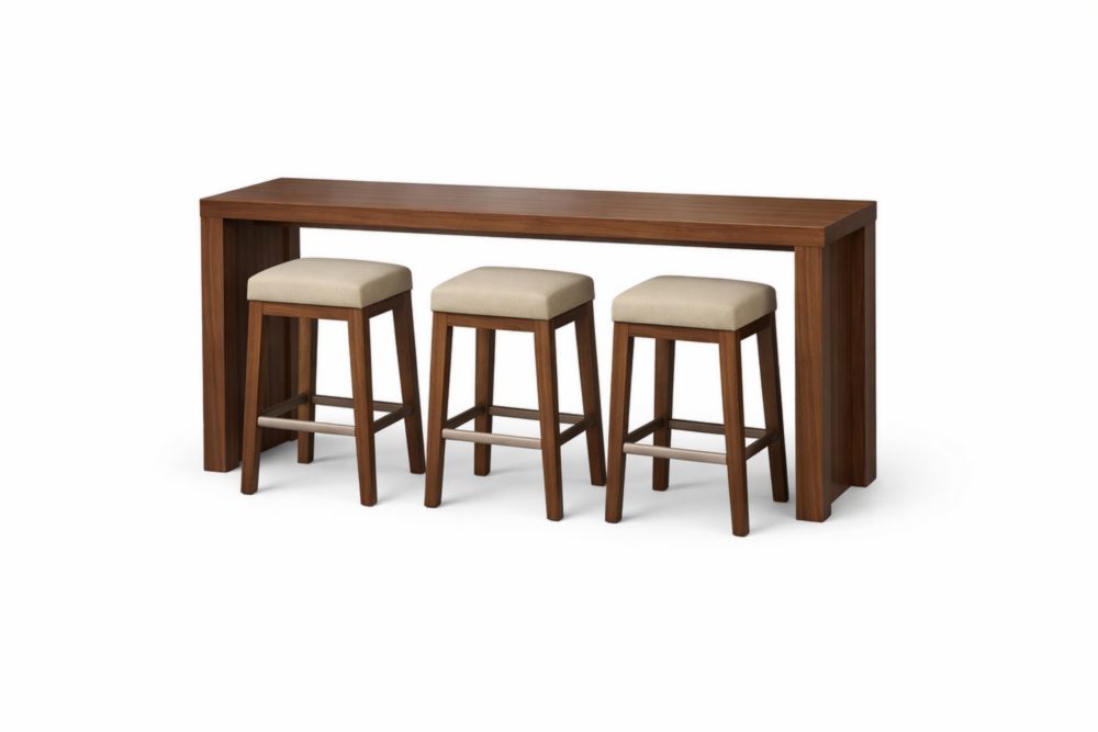 Ensemble table haute et tabourets en bois avec assise en tissu beige