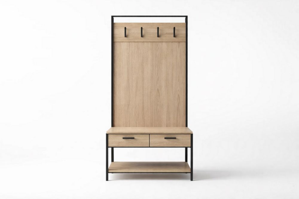 Portemanteau en bois et métal avec tiroirs