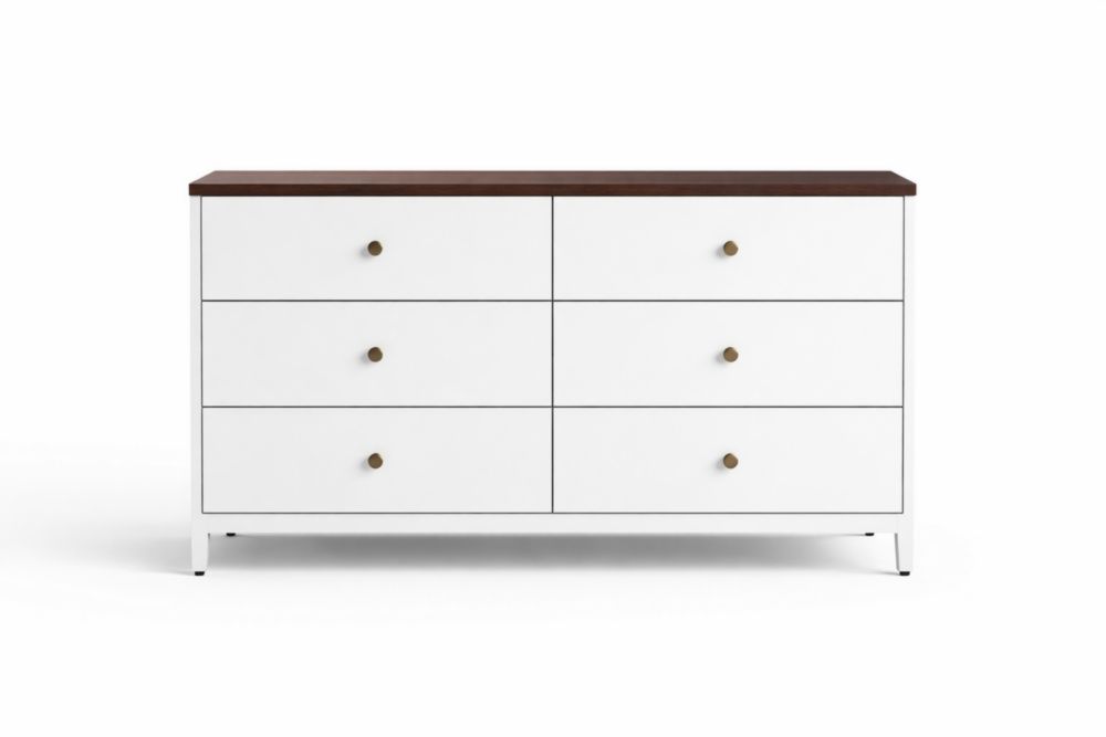 Commode 6 Tiroirs Bois MDF Blanc et Noyer