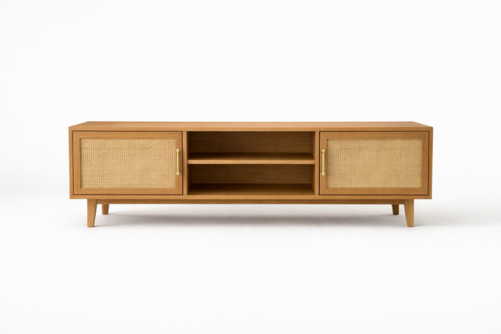 Meuble TV en Bois et Rotin 160x45x50 cm