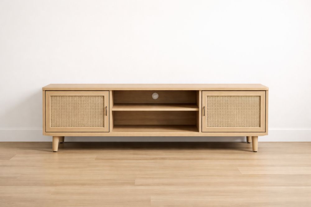 Meuble TV en bois avec portes en osier 120x40x50cm