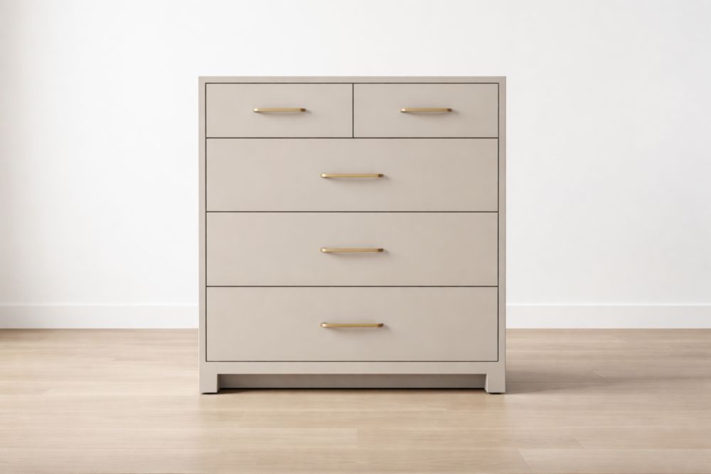 Commode en bois composite beige avec poignées en métal doré