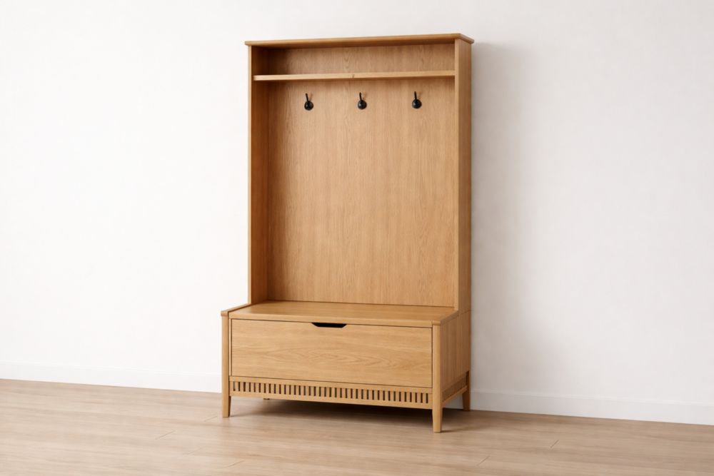 Portemanteau d'entrée en Bois avec Tiroir et Crochets Chêne Clair