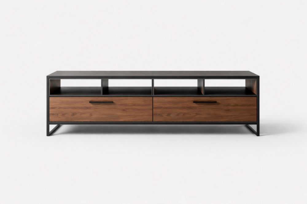 Meuble TV en métal et bois de noyer avec étagères 160x40x50 cm