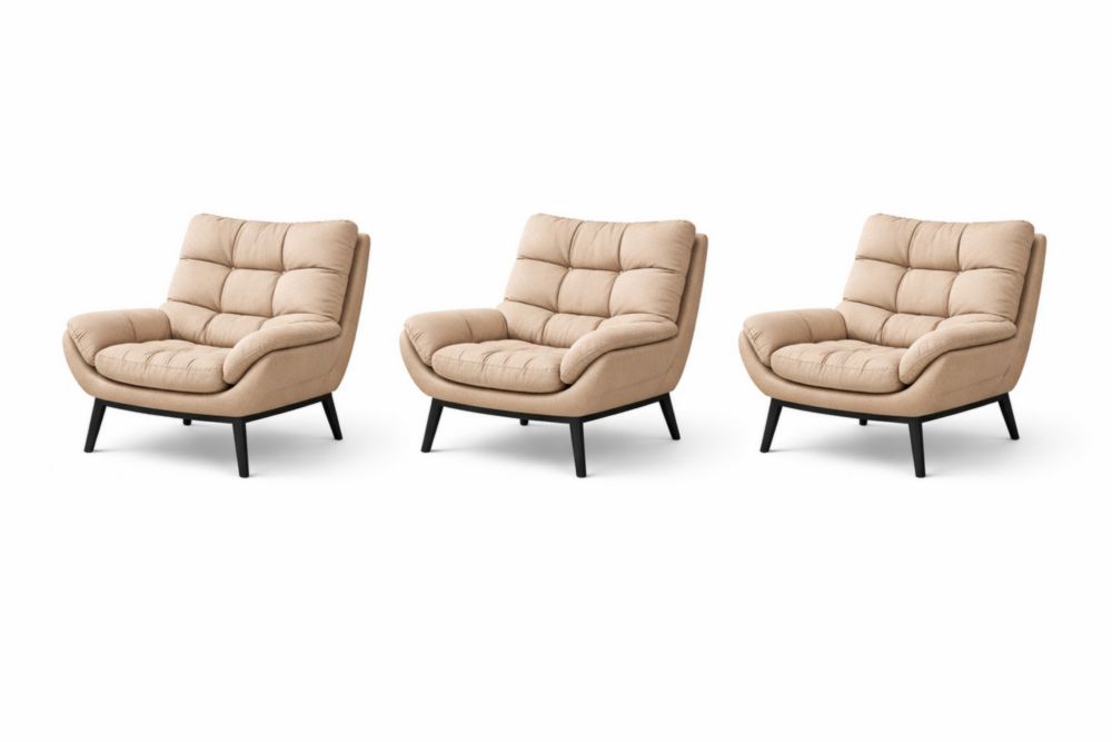 Lot de 3 fauteuils en tissu beige avec pieds en métal