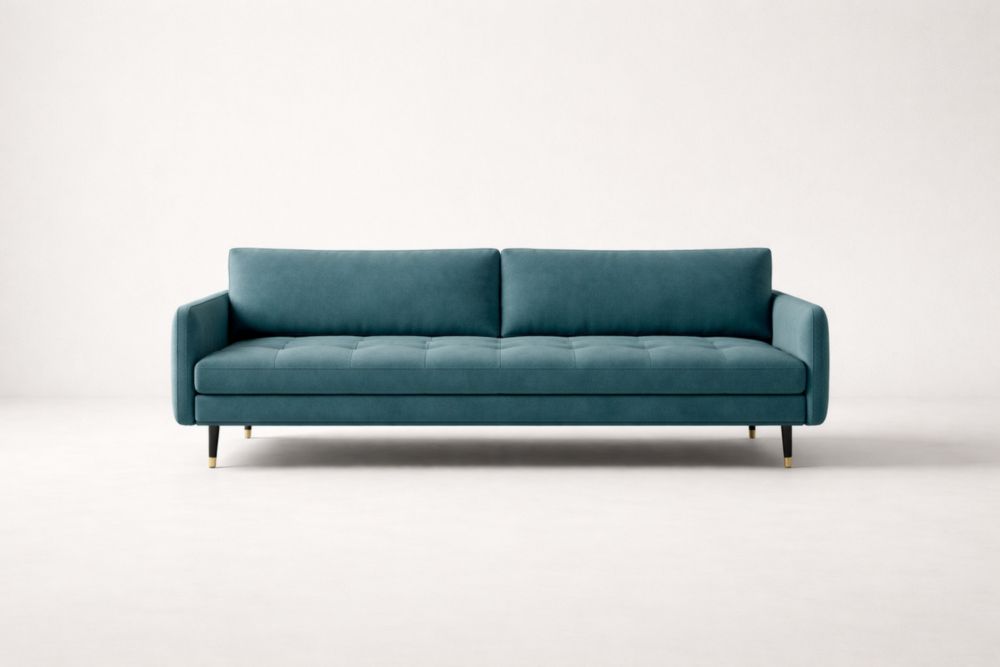 Canapé trois places en velours bleu pétrole avec pieds en métal