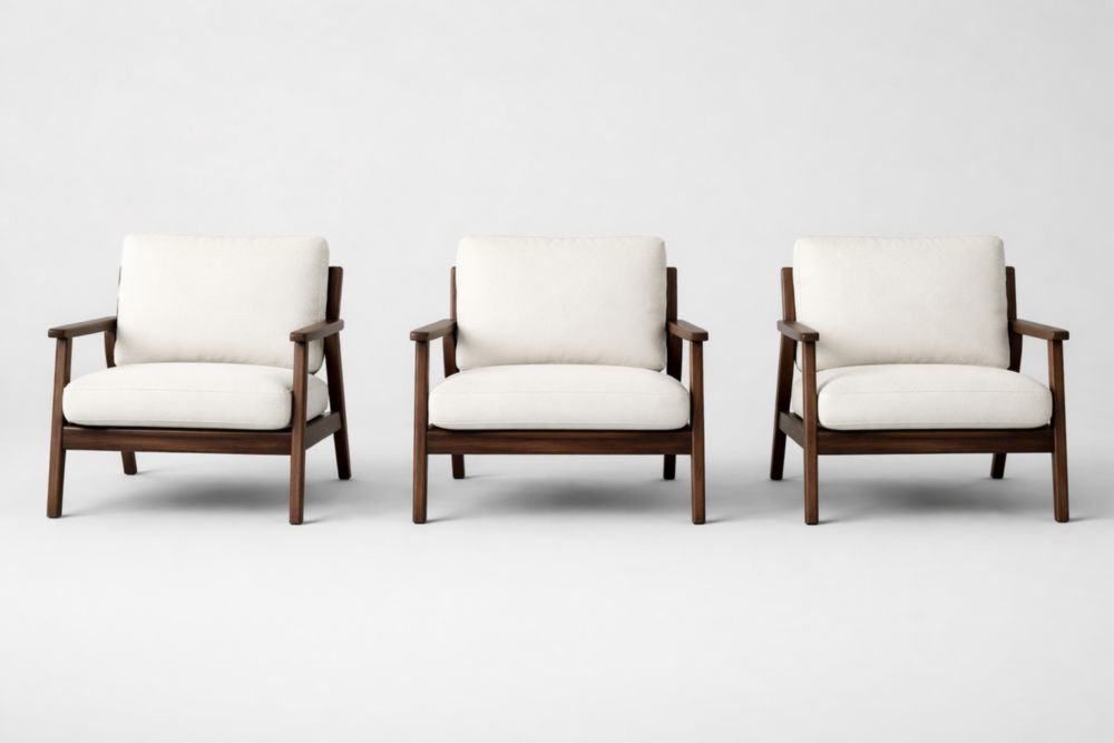 Ensemble de 3 Fauteuils en Bois et Tissu Beige