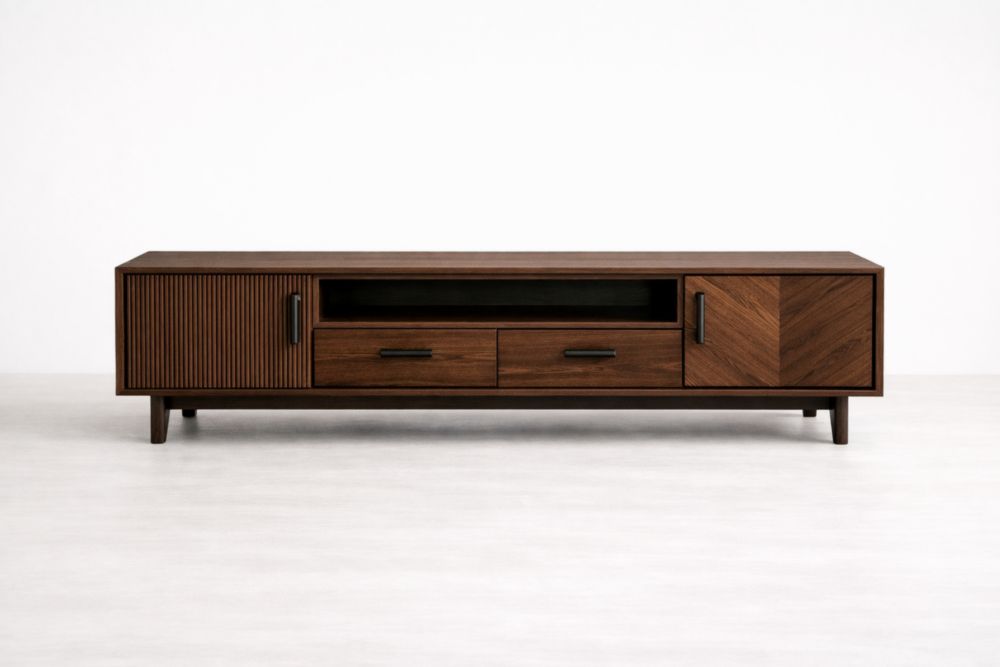 Meuble TV bois marron foncé avec portes et tiroirs