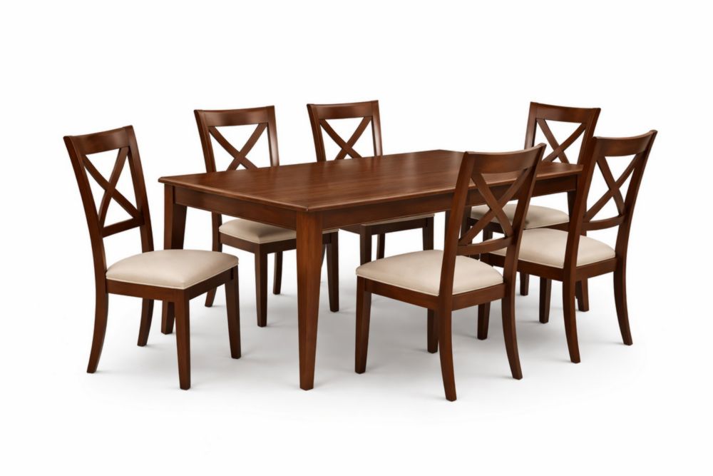 Ensemble table et 6 chaises en bois avec assise en tissu