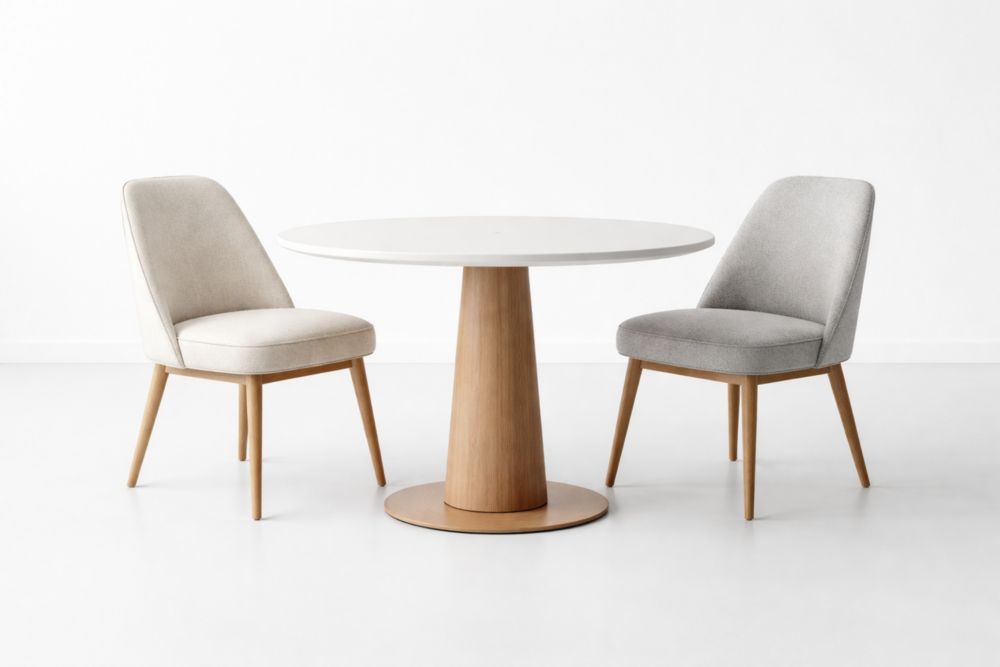 Table ronde en bois et chaises en tissu