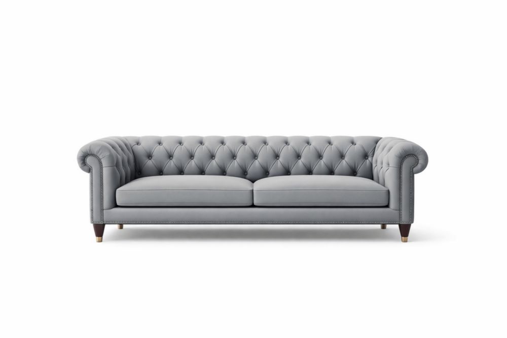 Canapé 3 places Chesterfield gris en tissu et bois