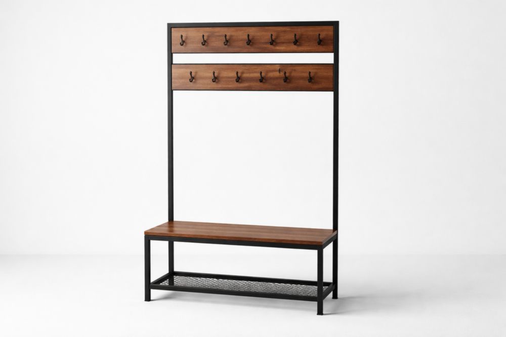Portemanteau métal et bois marron avec banc