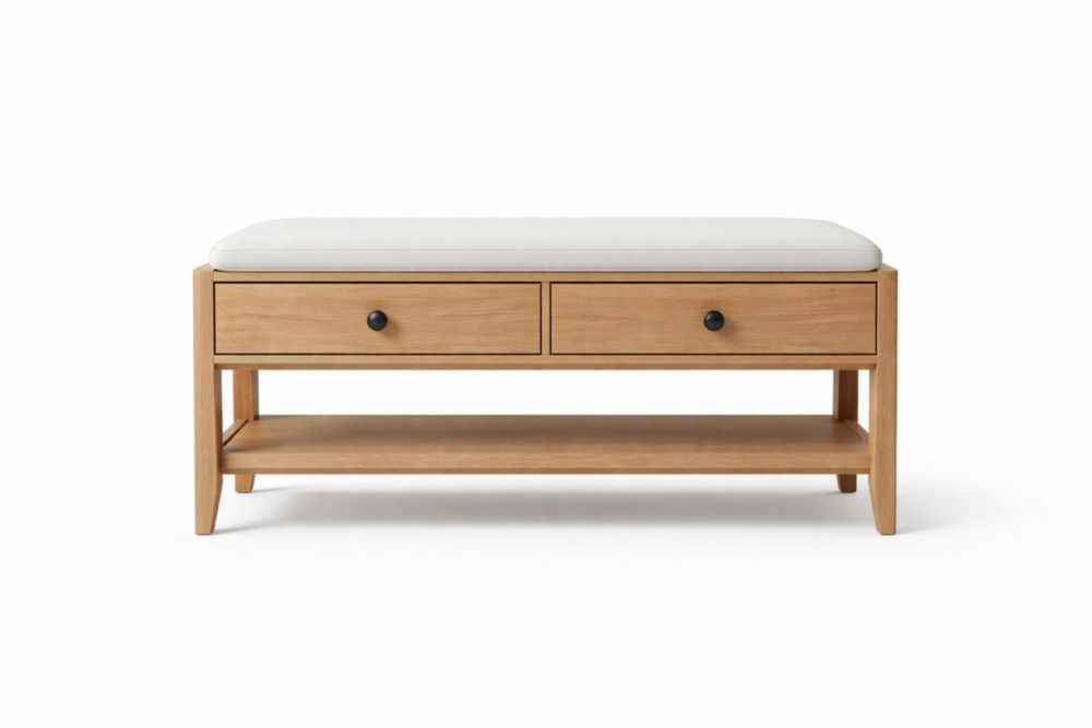 Banc en bois avec coussin en tissu et tiroirs